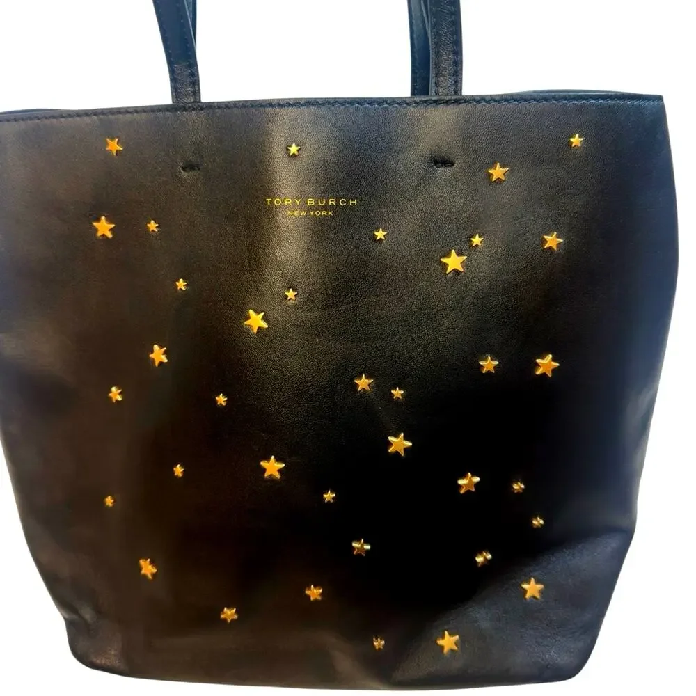 Tory Burch Black Leather Tote Bag with Gold Star Accents
